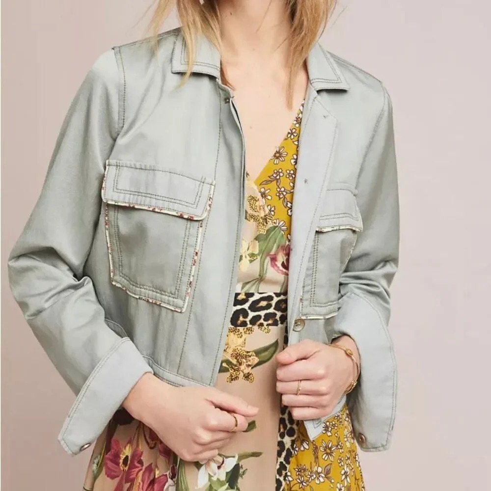 ANTHROPOLOGIE | Light Sage Green Jacket Linen Floral Piped Trucker Jacket | XL